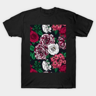 Red, white and bi-color roses with green leaves on black T-Shirt